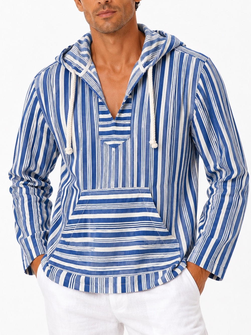Mr Turk Men’s Blue White Striped Cotton Linen Resort Baja Hoodie Size Large